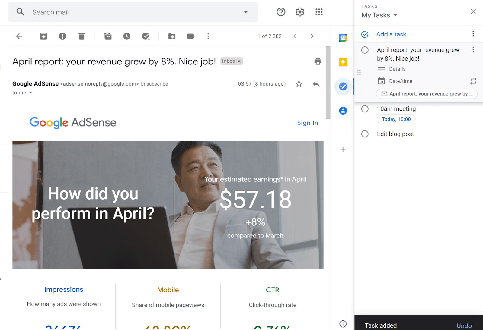在Gmail中向Google Tasks添加电子邮件的示例